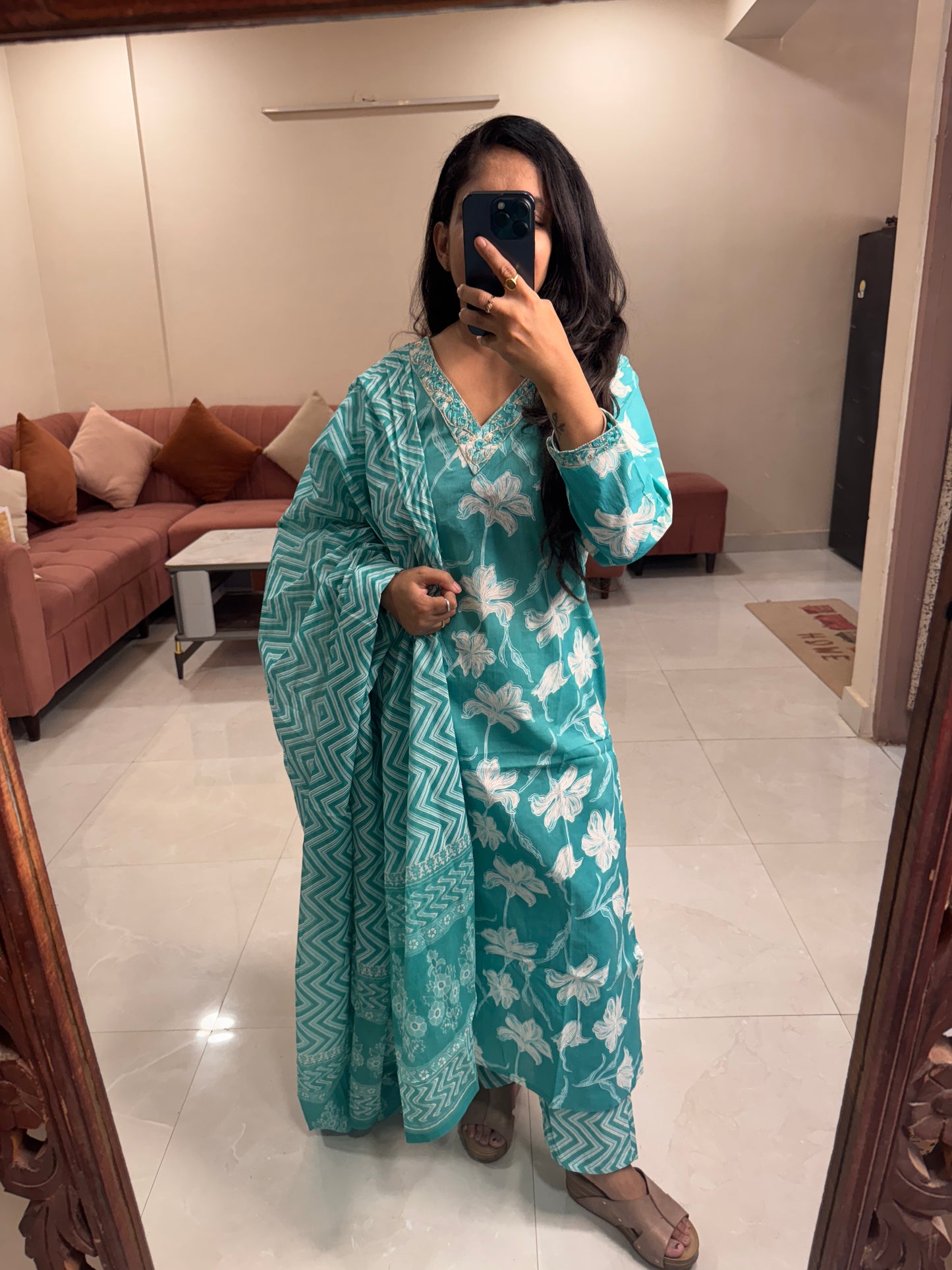 Turquoise Phool Suit Set
