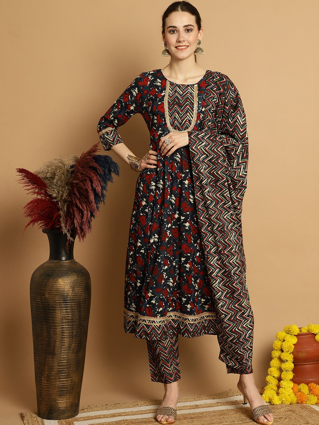 Ajrakh printed floral suit set