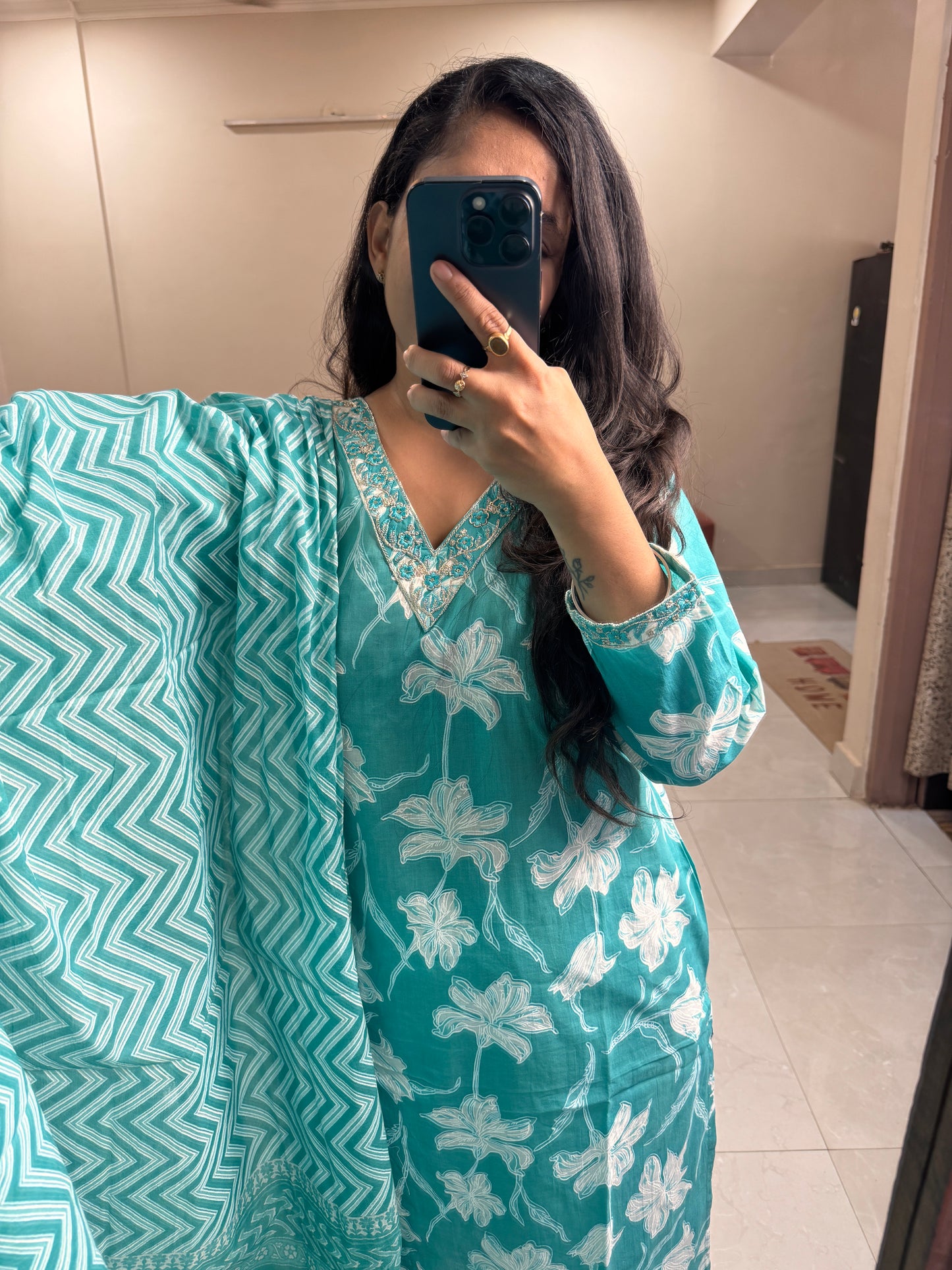 Turquoise Phool Suit Set