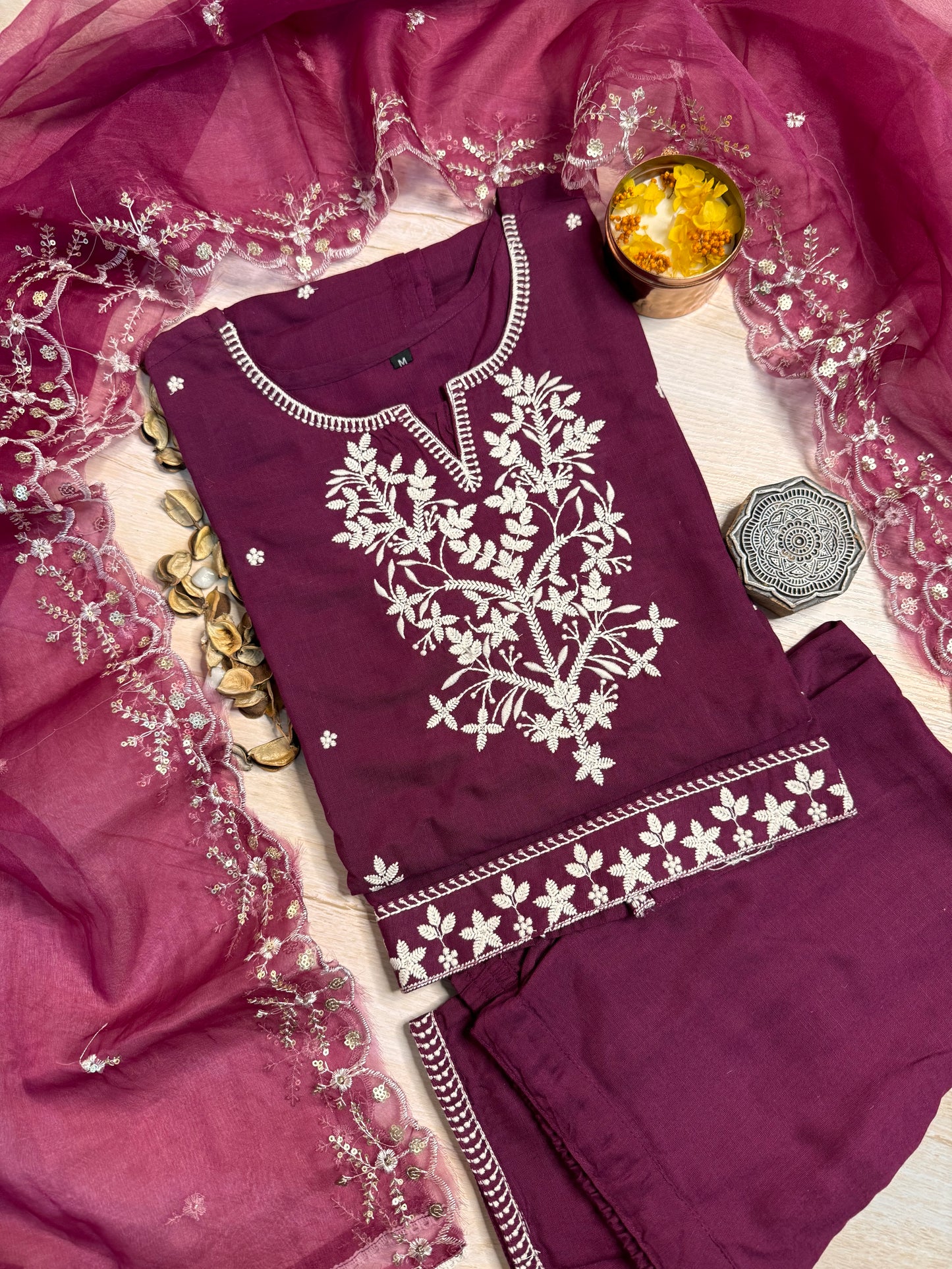 Wine embroidered suit set