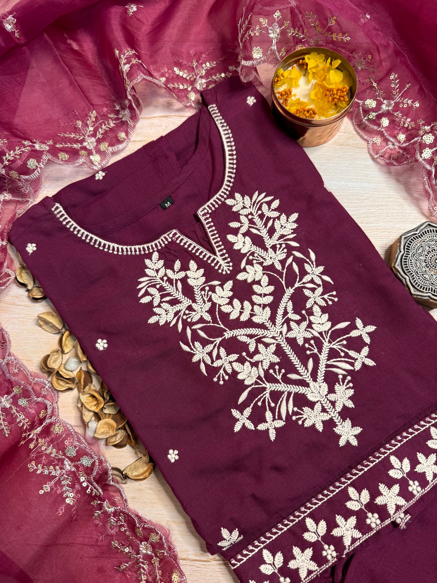 Wine embroidered suit set