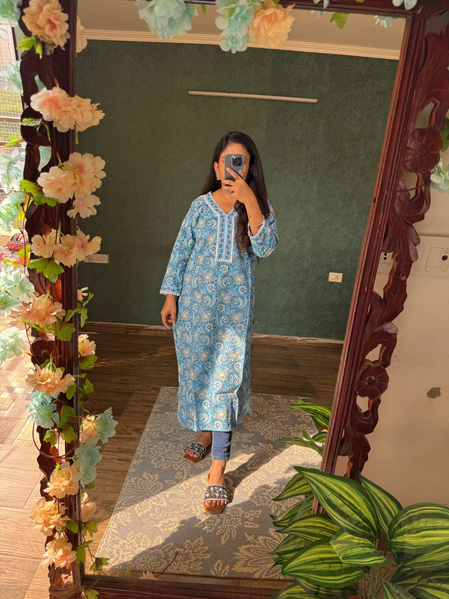 sky blue floral kurti