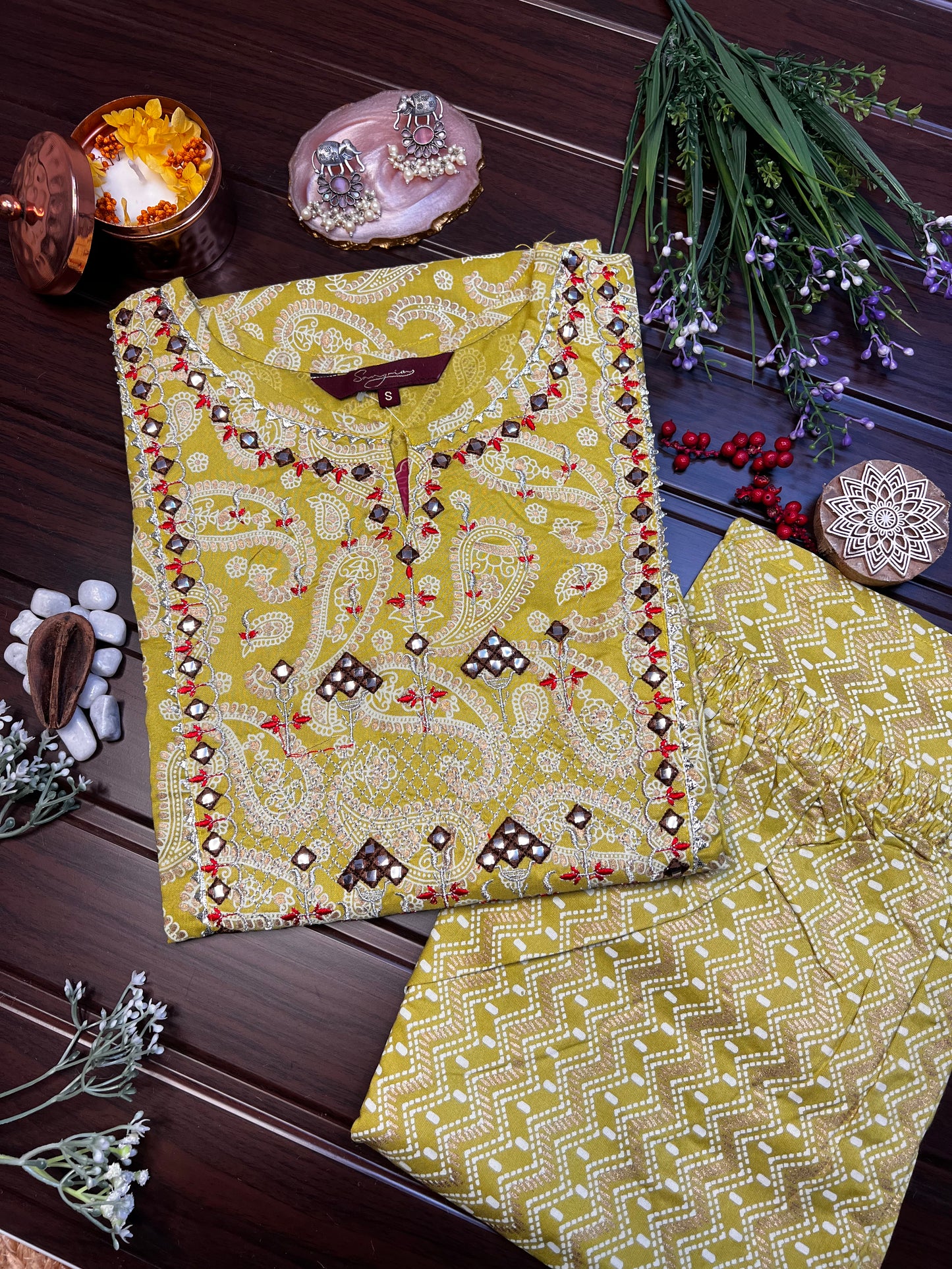 Yellow Floral Kurta Pants Set